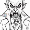 A fierce, stylized black and white illustration of a vampire with sharp fangs, pointed ears, and an intense, angry expression, wearing a formal outfit and a cravat.