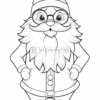 A cartoon-style Santa Claus character with a large, fluffy white beard, round glasses, and a red hat with a pom-pom. He stands confidently with his hands on his hips, wearing a red coat with buttons and a wide belt, set against a plain white background.