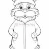 A cartoon character resembling a raccoon, wearing a Santa hat and a winter coat, standing with its arms crossed in front of its body, with a smiling face and large round eyes. The drawing is outlined in black and is intended for coloring.