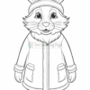 A cartoon-style rabbit character standing upright, wearing a fluffy, fur-trimmed coat with a hood. The rabbit has long ears, large expressive eyes, and a friendly smile, with paws visible at its sides. The illustration is outlined and lacks color, suitable for coloring.