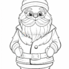 A cartoon Santa Claus character, featuring a round face with glasses, a fluffy beard, and a striped hat with a pom-pom on top. He is wearing a coat with a belt, with both hands placed on his hips, smiling cheerfully.