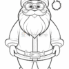 A cartoon-style Santa Claus character standing with a round belly, wearing a traditional red suit, a large belt, round glasses, and a pointed hat with a pom-pom. His nicely groomed white beard and cheerful expression add to the festive look while the outline design suggests it is intended for coloring.
