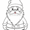 A cartoonish outline of Santa Claus, featuring a large beard, round glasses, and a festive hat, standing with hands on his hips, wearing a belt and boots, all in a simple black and white design suitable for coloring.