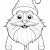 A cartoonish character resembling a gnome, wearing a pointed hat and a large bushy beard, with a round face and big eyes, dressed in a coat with buttons and a belt, depicted in a black-and-white coloring page style.