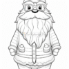 A cartoon-style Santa Claus character with large glasses, a fluffy beard, and a red and white striped hat with horns. He wears a buttoned coat with a fluffy hem, and his arms are decorated with round ornaments. The outline is designed for coloring.