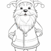 A cartoon-style character resembling a jolly Santa Claus with a bushy beard and a large hat, wearing a coat and mittens, standing with one hand on his hip and a cheerful expression, designed for coloring.