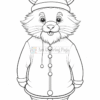 A cartoonish animal character resembling a bear, wearing a festive hat with spiral antlers and a button-up coat. The character has a friendly expression, large round eyes, and is standing upright with its hands at its sides in a simple black and white coloring book style.