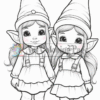 Two cartoon-style elf girls standing side by side, each wearing pointed hats and dresses with ruffled hems. They have large expressive eyes, prominent ears, and are dressed in overalls with flowers on their boots.