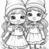 Two cute cartoon elf girls standing side by side, each wearing a pointed hat and a dress with suspenders, smiling at the viewer. They have large expressive eyes and are surrounded by flowers and mushrooms in a whimsical setting.