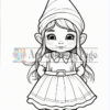 A cartoon-style girl dressed as a gnome, featuring a pointed hat, long hair, and a dress with a belt, standing with her hands on her hips. She has large expressive eyes and wears sturdy boots.