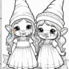 Two cartoon-style elf girls standing hand in hand, both wearing pointed hats and dresses, with large expressive eyes, surrounded by detailed outlines of flowers and leaves.