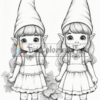 Two cartoon elf girls standing side by side, each wearing a pointed hat, a short dress with puffed sleeves, and knee-high striped socks. They have large eyes and are holding flowers, with a small mushroom and stones visible at their feet.