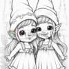 Two cartoonish elf girls with pointed hats stand side by side, each wearing a dress with bows, one with long hair and the other with shorter hair, surrounded by flowers and trees in a whimsical style.