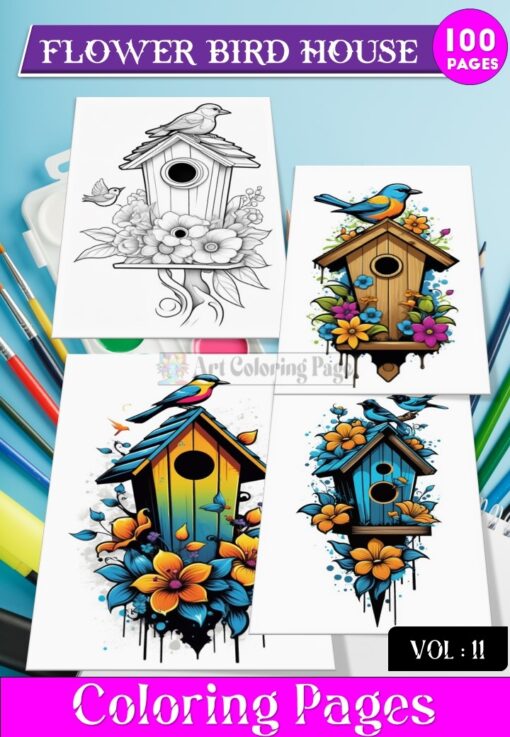 Bird House Flowers coloring page, Coloring Sheet for Kids Vol 11