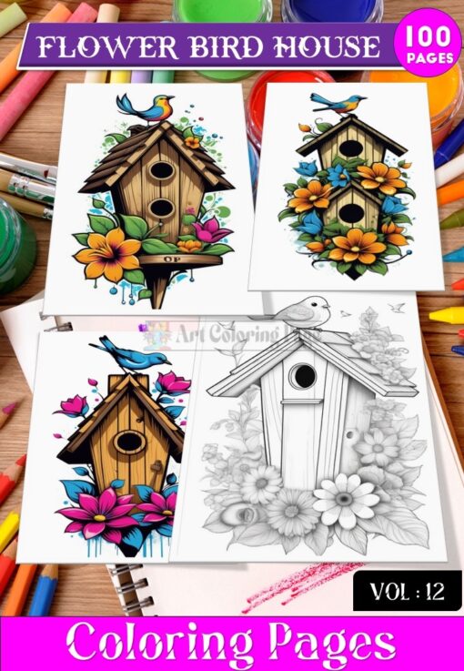 Bird House Flowers coloring page, Coloring Sheet for Kids Vol 12