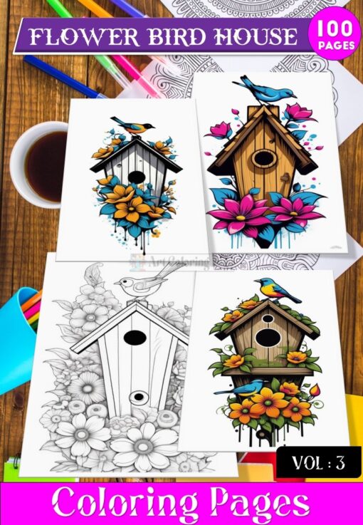 Bird House Flowers coloring page, Coloring Sheet for Kids Vol 3