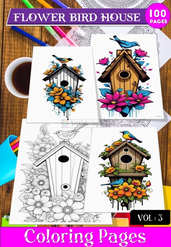 Bird House Flowers coloring page, Coloring Sheet for Kids Vol 3