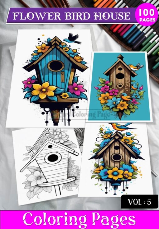 Bird House Flowers coloring page, Coloring Sheet for Kids Vol 5