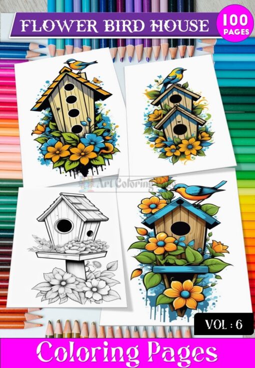 Bird House Flowers coloring page, Coloring Sheet for Kids Vol 6