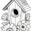 A black and white illustration of a birdhouse with a small bird perched on the roof, surrounded by various large flowers including a sunflower and a rose, emphasizing a natural and whimsical theme.
