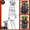 A graphic design featuring a black and white outline of a zombie woman in a suit with wild hair, holding a leashed dog, alongside colorful covers of a zombie-themed coloring book collection labeled "Zombies Coloring Pages, Vol. 10" containing cartoonish zombie illustrations on both sides. The background includes colored pencil graphics.