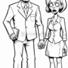 A cartoonish black and white illustration of a male and female zombie couple holding hands. The male zombie is dressed in a suit with disheveled hair and exaggerated facial features, while the female zombie wears a business outfit with a short skirt and has an angular hairstyle. Both have hollow, wide eyes and menacing expressions, showcasing their decayed features.