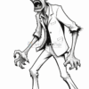 A cartoon-style zombie character with disheveled hair and a grotesque, open-mouthed expression. The zombie wears a torn white suit jacket over a black shirt, with sharp, claw-like hands and feet, standing in an aggressive pose against a plain white background.