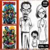 Cover of a zombie-themed coloring book featuring colorful zombie illustrations on the left, a black-and-white drawing of a family with exaggerated features on the right, and the text 'Zombies Coloring Pages Vol. 11' with a colored pencil border at the bottom.