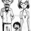 A stylized black and white illustration featuring three characters: a furious man with spiky hair and an open shirt, an angry woman with a severe expression and short hair, and a terrified girl holding the woman's hand, all displaying exaggerated facial features and emotions.