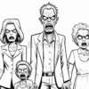 A group of four cartoon-style figures with exaggerated, angry facial expressions. They include a woman with straight hair in a suit, a scowling child with messy hair, a man in a suit with spiked hair, and an elderly woman in a dress. Their hands are intertwined, and they share a common expression of rage, set against a plain white background.