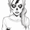 A stylized illustration of a woman with a skeletal face makeup, featuring exaggerated dark eye sockets and a black nose. She has long, braided hair and is wearing a white shirt with a tear on the sleeve. The background is plain, emphasizing her intense expression and artistic details.