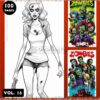 A coloring book cover featuring a zombie theme, with a central image of a female zombie in a torn shirt holding a gun, flanked by colorful illustrations of various zombie characters on both sides. The text 'ZOMBIES' and 'COLORING PAGES' is prominently displayed in bold letters, with a subtitle indicating 'Vol: 16' and '100 PAGES'.