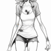 A stylized black and white illustration of a zombie woman with long wavy hair, wearing a torn short-sleeve shirt and ripped shorts, holding a handgun. Her skin is pale, with sunken eyes and a menacing expression, showcasing dirt and blood splatters on her clothing and body.
