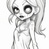A cartoon-style depiction of a zombie girl with exaggerated features, large circular eyes, and a skeletal smile. She has long, wavy hair and is wearing a tattered nightgown, with makeup that suggests decay. The illustration is in black and white with fine lines and details, set against a plain background.