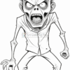 A cartoon zombie with exaggerated features, including a large head, gaping mouth, and sharp teeth. Its arms are thin and elongated, with claw-like hands, and it's wearing a tattered white shirt and pants. The zombie is posed aggressively with a menacing expression and wild hair. The illustration is in black and white, emphasizing its cartoonish style.