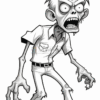 A cartoon-style zombie with exaggerated features stands menacingly. It has disheveled hair, wide eyes, and an open mouth revealing sharp teeth. Dressed in a tattered white shirt and ripped jeans, its long, claw-like fingers and gaunt limbs emphasize its undead appearance against a plain background.