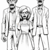 Three cartoonish zombie figures in formal white suits; a man on the left with spiked hair and an angry expression, a girl in the center with wide eyes and an open mouth, and another man on the right with slicked-back hair and a menacing look, all exhibiting gaunt features and sharp teeth.