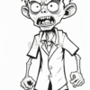 A cartoonish zombie character with exaggerated features, including large round eyes, an open mouth revealing sharp teeth, and messy spiky hair. It wears a tattered lab coat and pants, standing with its hands clenched into fists, conveying an angry expression.