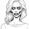 A black and white illustration of a zombie woman with long, wavy hair, hollow eyes, and an angry expression. Her skin appears pale with cracks, and her mouth is open showing jagged teeth, emphasizing her menacing nature. She wears a simple t-shirt.
