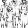 A group of four cartoon-style zombies standing closely together. The zombies include two adults, a man in a disheveled suit and a woman in a dress, and two children, one with short hair and the other appearing younger. All have pale skin, hollow eyes, and are stained with blood, showcasing their undead nature.