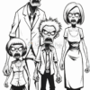 A group of four cartoonish zombies, including a child, a teenager, and two adults, all displaying exaggerated angry expressions and detailed features in a black and white style, with the child in a short-sleeved shirt, the teenager in a t-shirt and tie, and the adults in a suit and a dress.