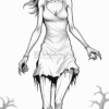 A creepy, undead woman with long, flowing hair and a skeletal face, wearing a tattered white dress that is partially ripped and stained. She stands ominously in a desolate landscape, featuring dead trees and abandoned houses in the background, with a menacing expression and outstretched arms.
