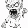 A cartoon-style zombie character with wild, spiky hair, exaggerated facial features, and a menacing expression. It has an open mouth with sharp teeth, a torn white shirt, and fierce, outstretched arms, embodying a threatening posture.