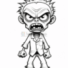 A cartoon-style drawing of an angry zombie character, with exaggerated facial features including large eyes and sharp teeth, wearing a disheveled white shirt and dark pants, standing with clenched fists and an aggressive posture.