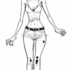 A zombie woman with long, wavy hair and hollow eyes stands with her arms outstretched. She wears a torn, sleeveless top and ripped white pants that have dirt marks, showcasing a gruesome and unsettling appearance.