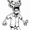A cartoonish zombie character with an exaggerated facial expression, featuring wild spiky hair, wide eyes, and a gaping mouth, wearing a torn white shirt and shorts, standing in a menacing pose with clenched fists and sharp, claw-like hands.