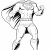 A stylized black and white illustration of a muscular superhero with a cape, standing confidently with clenched fists, wearing a costume featuring an emblem on the chest and boots, with a determined expression on his face against a simple cloud background.