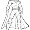 A muscular superhero character in a standing pose, wearing a cape and a costume with a prominent emblem on the chest, emphasizing strength and confidence. The drawing is in black and white, suitable for coloring.