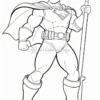 A muscular superhero in a stylized costume, featuring a cape and a prominently displayed emblem on the chest. He stands confidently with a spear in one hand, wearing a mask and boots, with a determined expression. The image is a black and white line drawing, suitable for coloring.