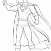 A line art illustration of a superhero with a stylized cape and a logo on his chest, holding a weapon in one hand while striking a confident pose. He has strong muscular features and wears a belt with a circular buckle. The character has a distinctive hairstyle and a mask covering his eyes.